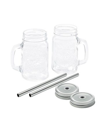 Glazen drinkbeker met metalen deksel en metalen rietje