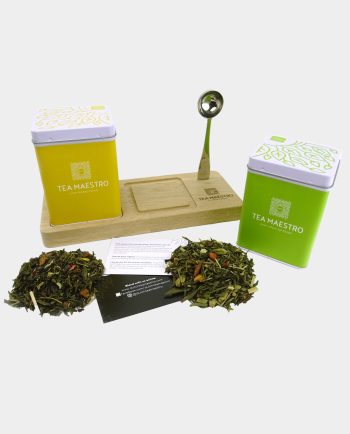 Thee cadeau set theeplankje met twee blikjes thee en thee maatlepel